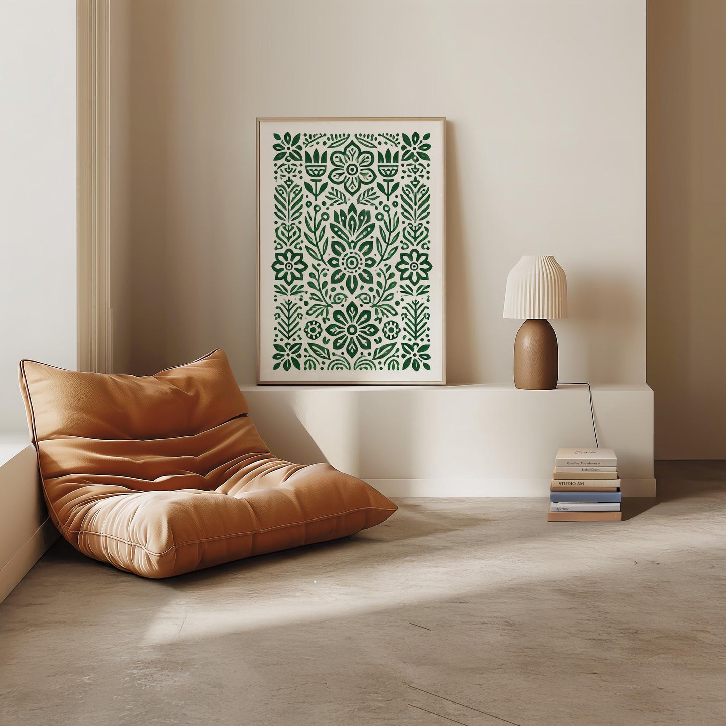 Green Botanical Folk Art Print: Symmetrical Pattern Wall Decor