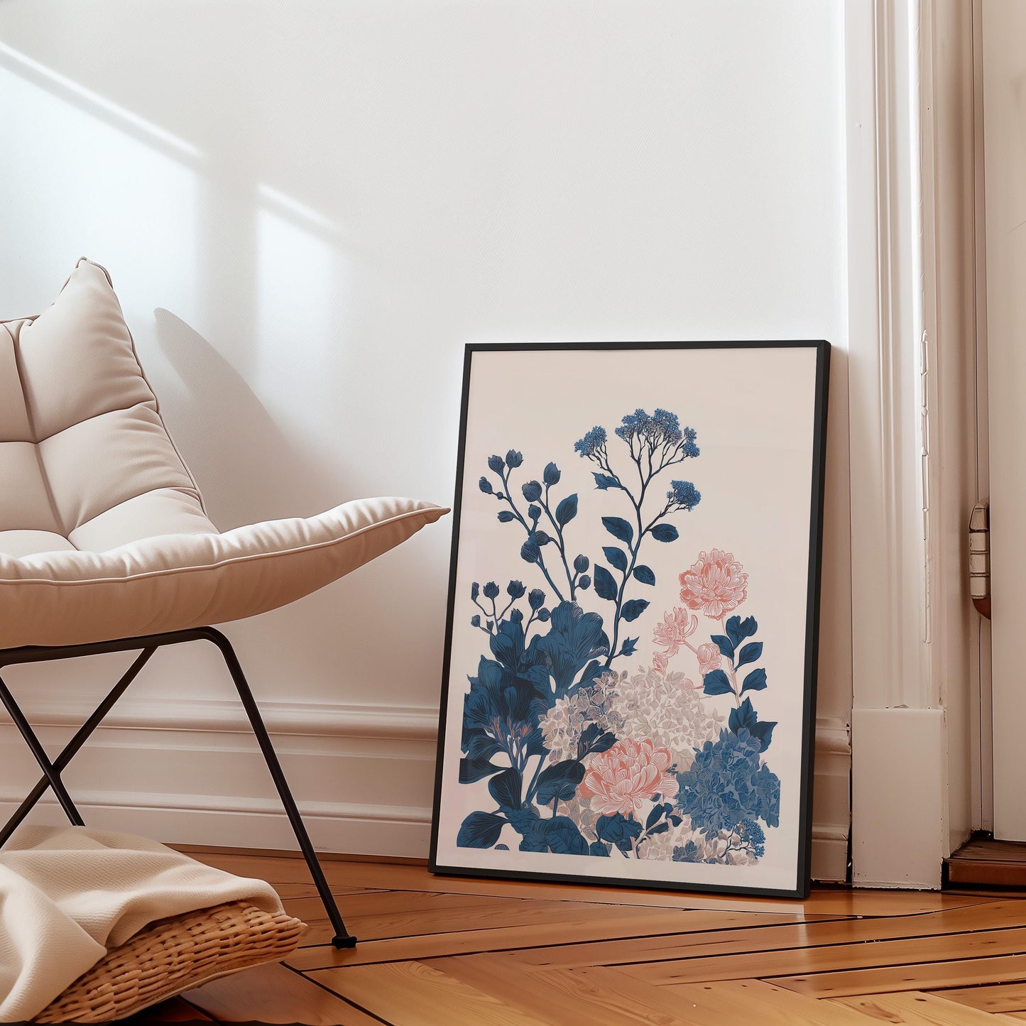 Asymmetrical Navy & Pink Botanical Floral Art Print