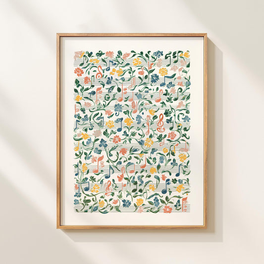 Musical Notes Floral Art Print Music Notation Wall Art Botanical Music Art Musical Staff Print Floral Music Decor