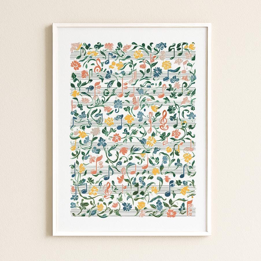 Floral Musical Notes Art Print: Botanical Music Notation Wall