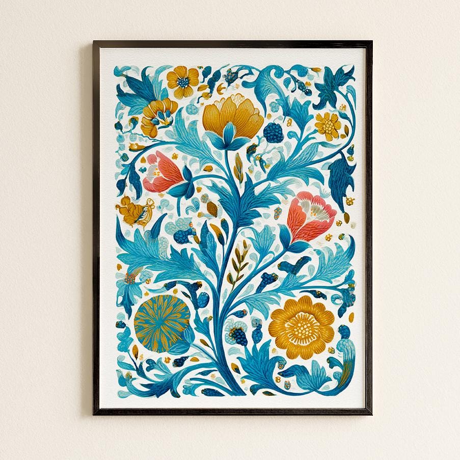 Elegant Botanical Floral Pattern Art Print - Turquoise Victorian
