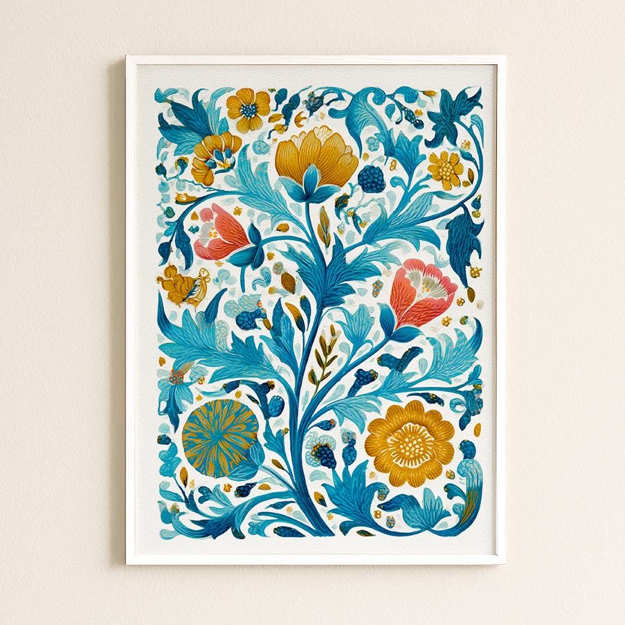 Elegant Botanical Floral Pattern Art Print - Turquoise Victorian