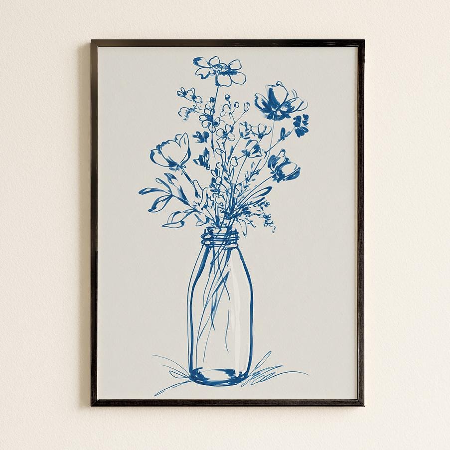 Elegant Blue Floral Line Art Print: Minimalist Botanical Wall