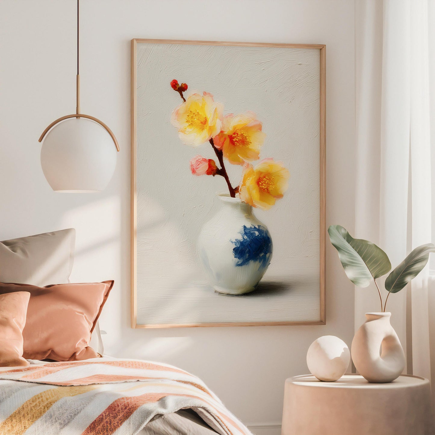 Yellow & Pink Floral Still Life Art Print: Antique Vase, Botanical Wall Decor