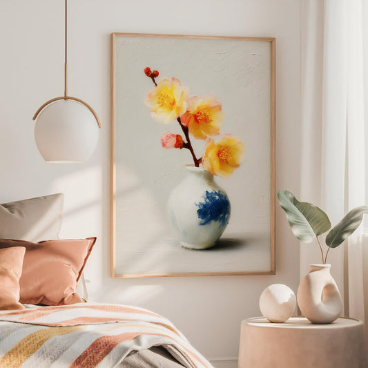 Yellow & Pink Floral Still Life Art Print: Antique Vase, Botanical Wall Decor