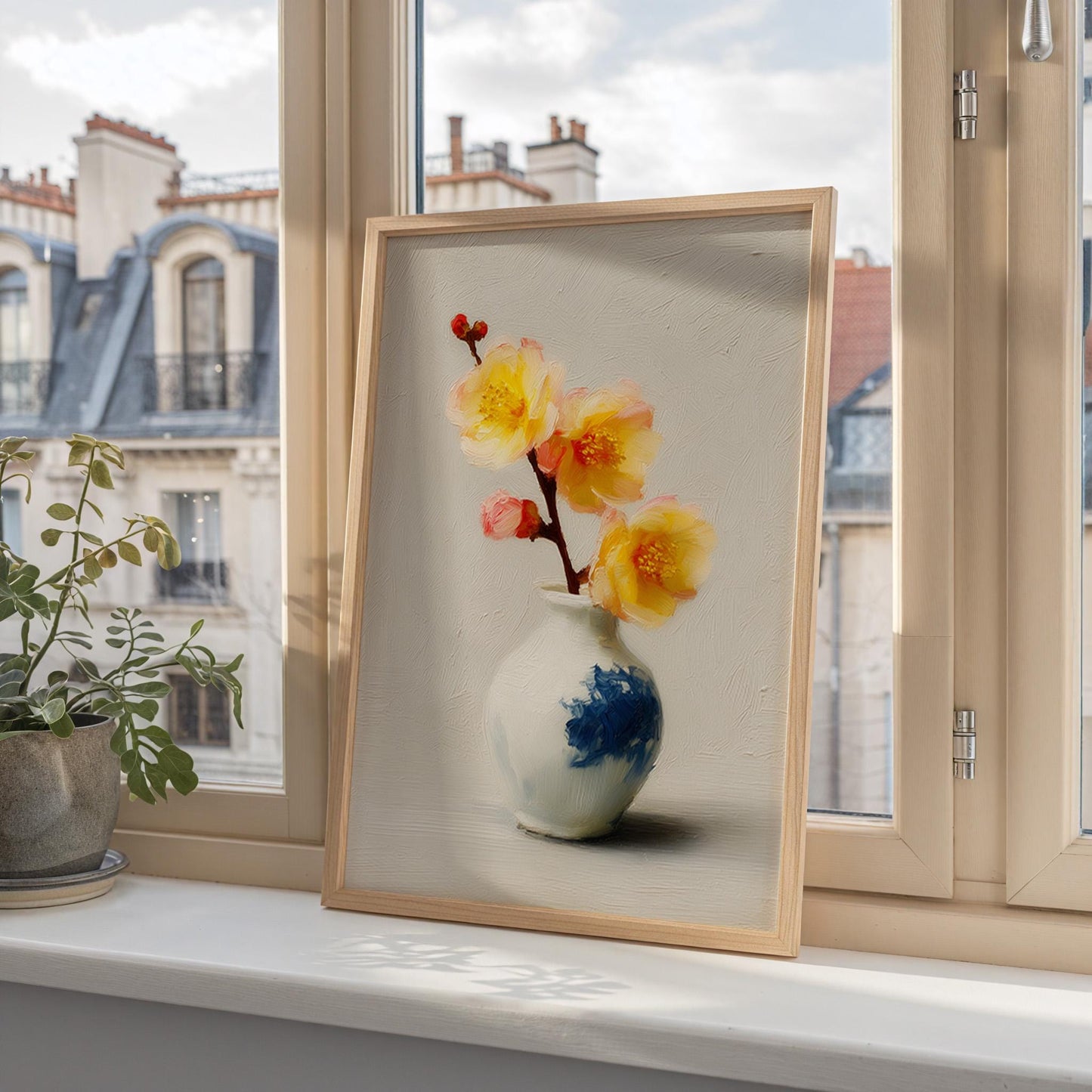 Yellow & Pink Floral Still Life Art Print: Antique Vase, Botanical Wall Decor