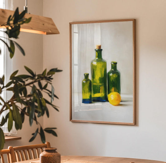 Vintage Green Glass Bottle Still Life Art Print: Kitchen Wall