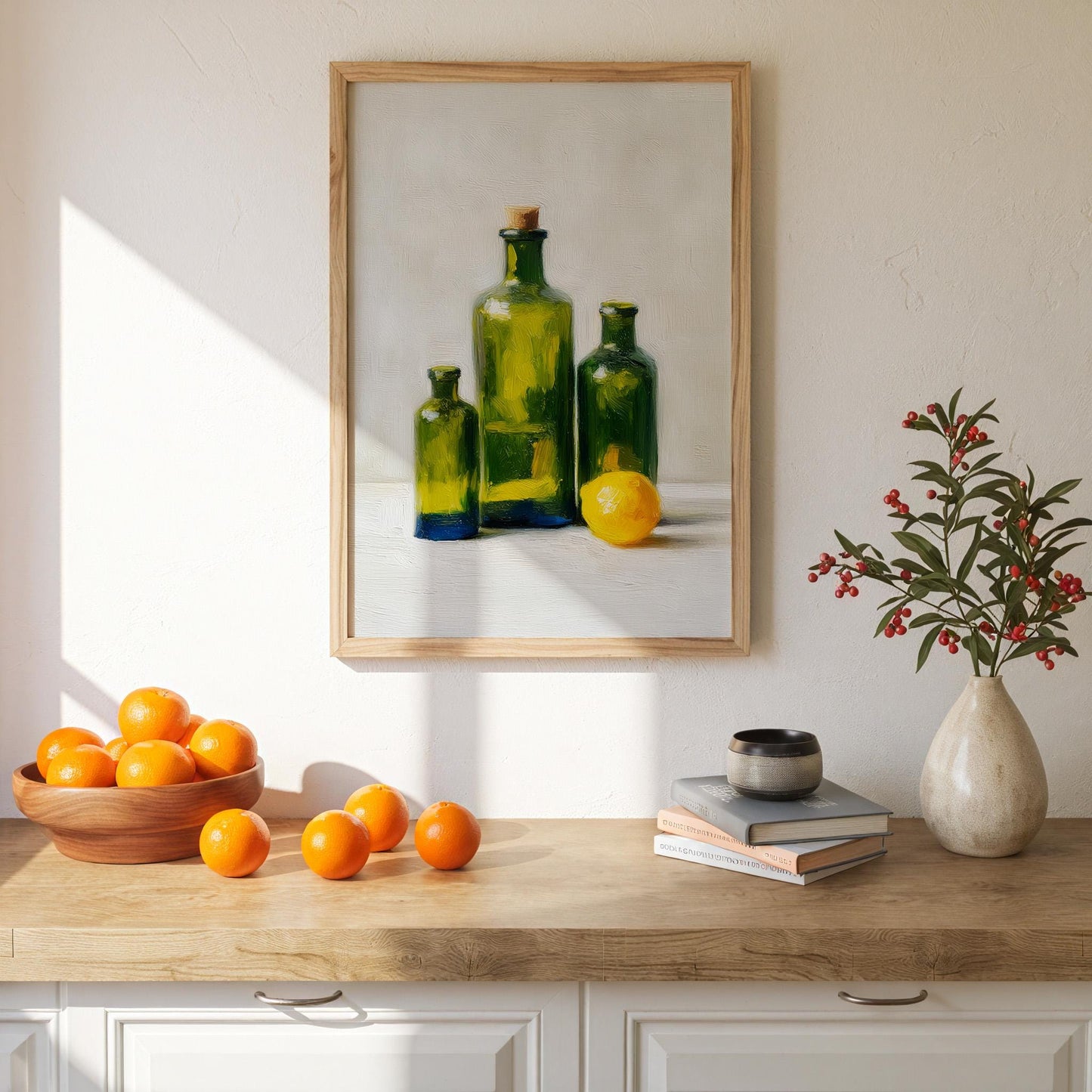Green Glass Bottle Still Life Art Print: Kitchen Wall Decor