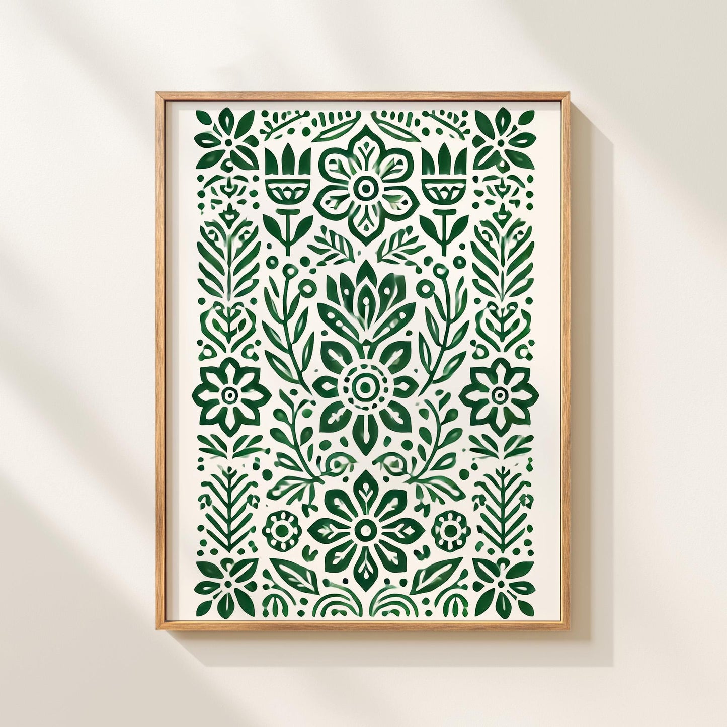 Green Botanical Folk Art Print: Symmetrical Pattern Wall Decor