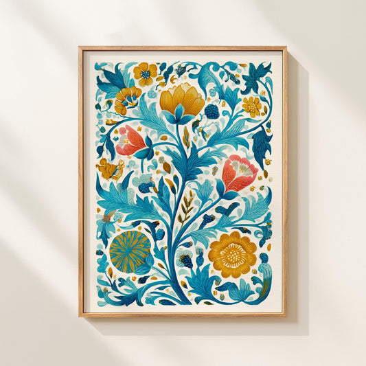 Arts and Crafts Print Botanical Pattern Art Turquoise Floral Art Traditional Botanical Decorative Pattern