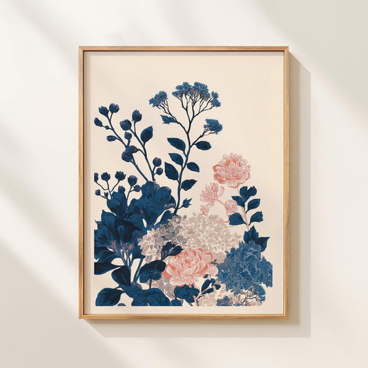 Asymmetrical Botanical Art Print Navy Coral Floral Art Contemporary Botanical Print Modern Floral Decor