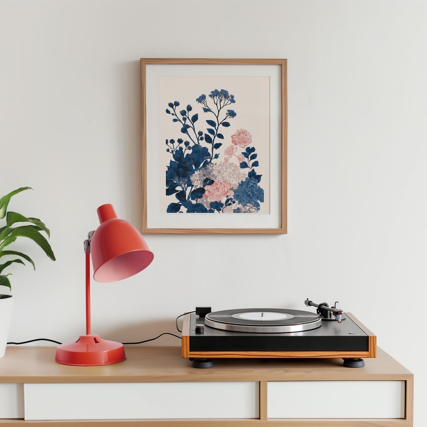 Asymmetrical Botanical Art Print Navy Coral Floral Art Contemporary Botanical Print Modern Floral Decor