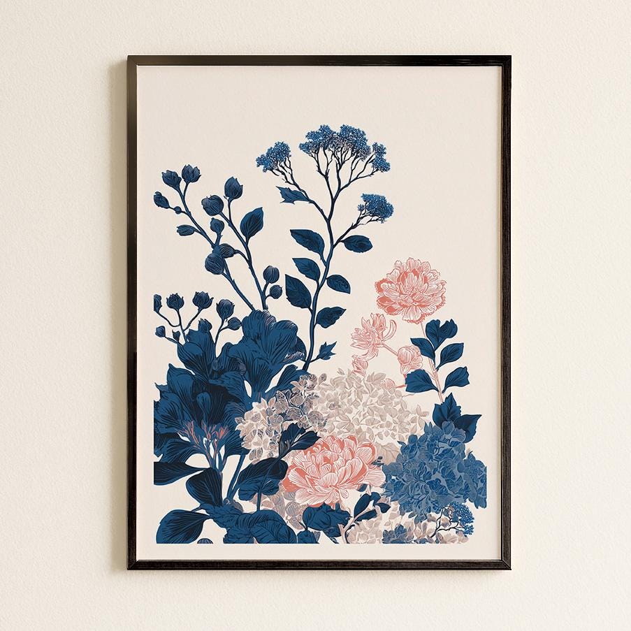 Asymmetrical Navy & Pink Botanical Floral Art Print
