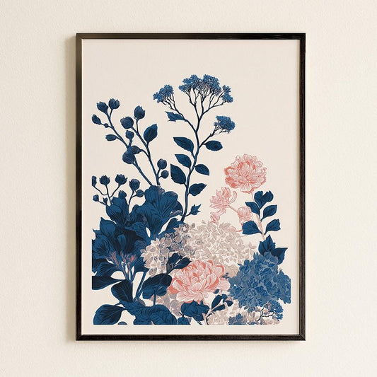 Asymmetrical Navy & Pink Botanical Floral Art Print