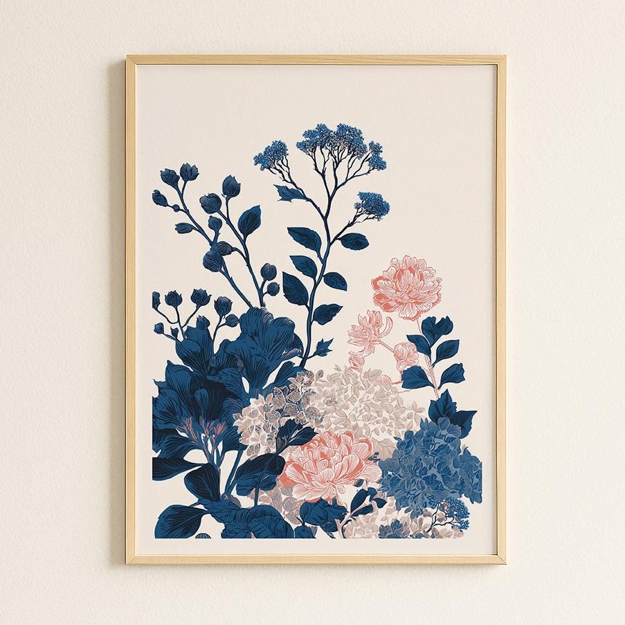 Asymmetrical Navy & Pink Botanical Floral Art Print