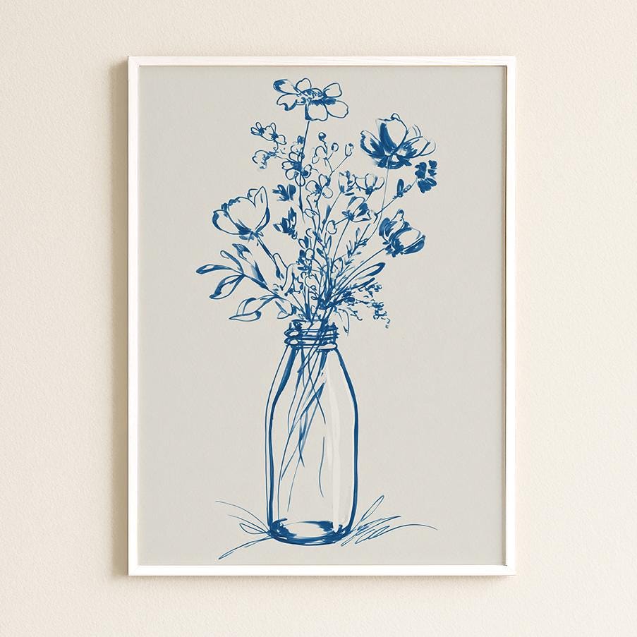 Elegant Blue Floral Line Art Print: Minimalist Botanical Wall