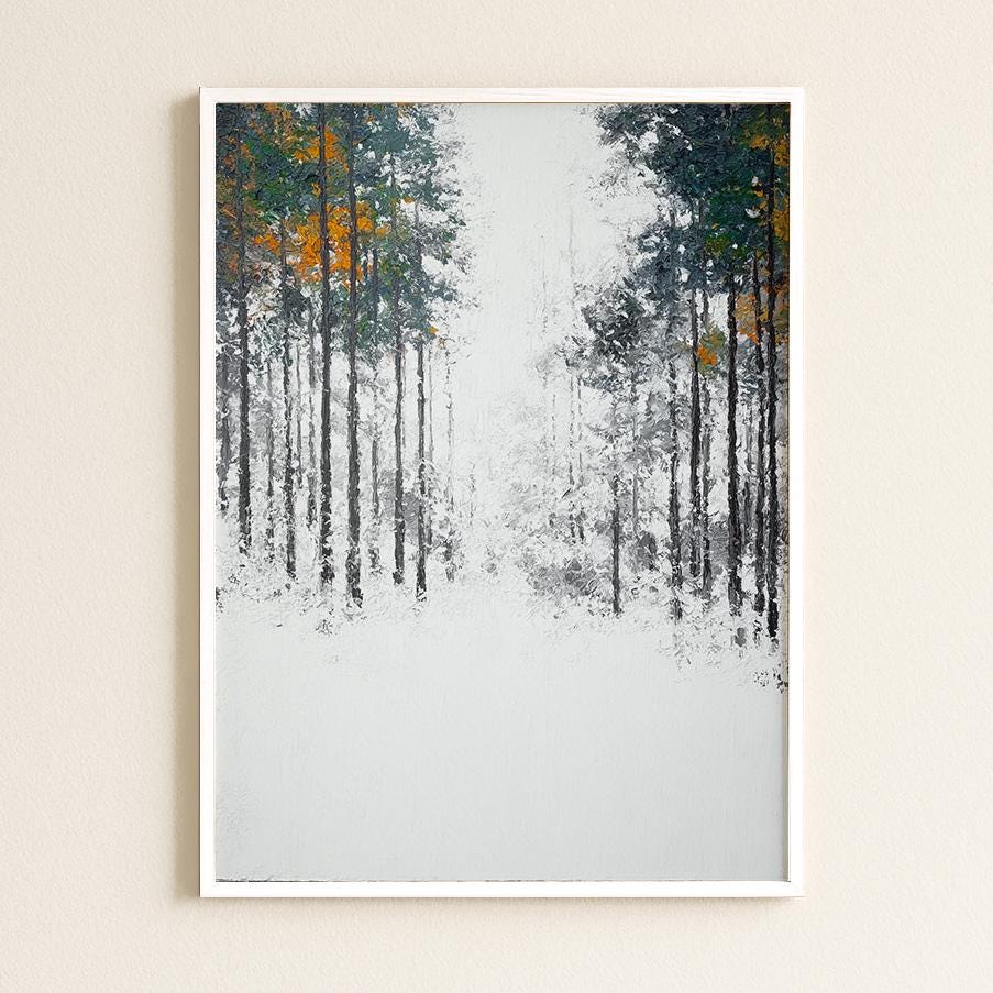 Nordic Winter Forest Path Print - Minimalist Negative Space Trees
