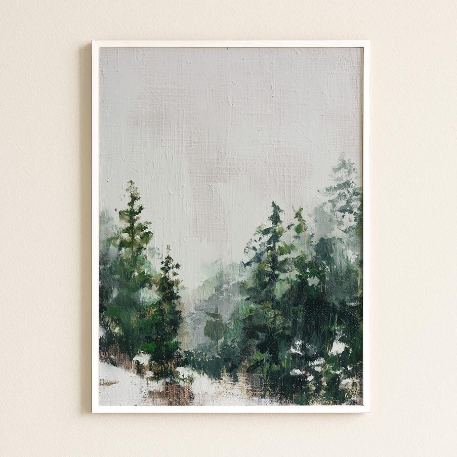 Winter Forest Print Minimalist Evergreen Trees Negative Space