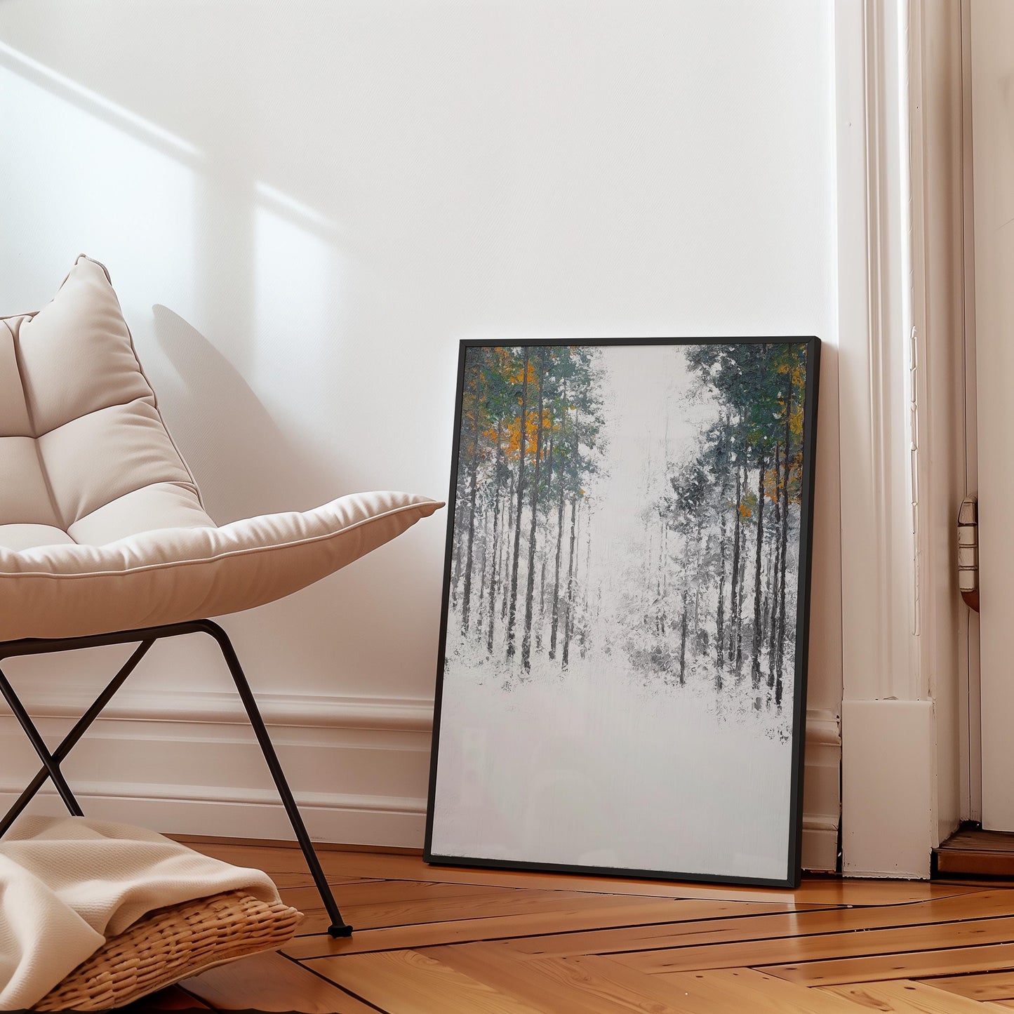 Nordic Winter Forest Path Print - Minimalist Negative Space Trees
