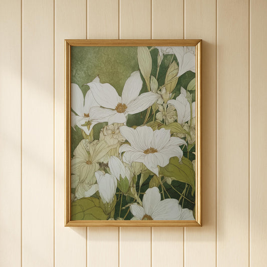 Japanese Style Print of White Clematis
