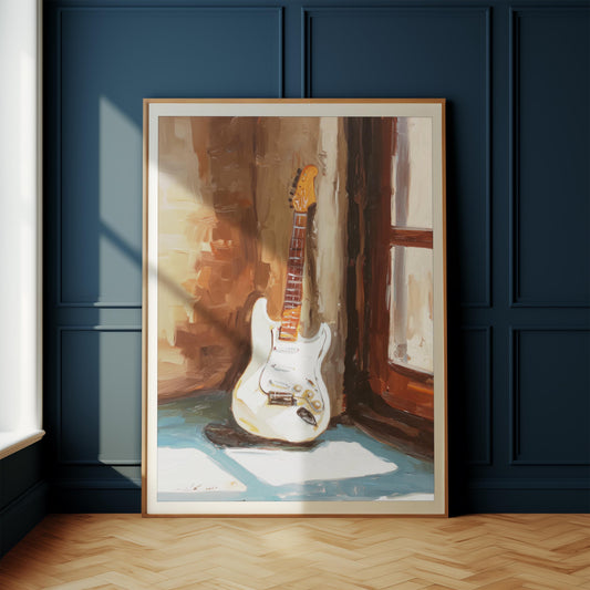 White Electric Guitar Print Print for Home or Studio